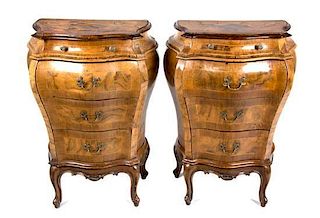 A Pair of Italian Parquetry and Burlwood Bombe Side Cabinets Height 31 inches.