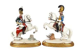 A Pair of Nymphenberg Porcelain Military Figures on Horseback Height 13 1/2 inches.