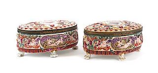 A Pair of Capo-di-Monte Porcelain Oval Boxes Length 10 inches.
