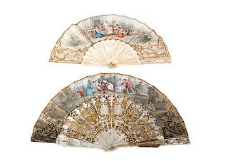 A Set of Four Antique Continental Fans Width of widest 20 inches.