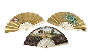 A Set of Three Continental Painted Fans Width of widest 8 3/4 inches.