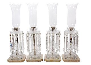 Four Molded Glass and Cut Crystal Single Light Candelabra Height 24 inches.