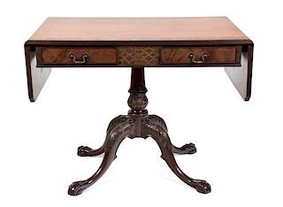 A George III Style Mahogany Sofa Table Height 30 1/2 x width (leaves up) 58 1/2 x depth 22 inches.