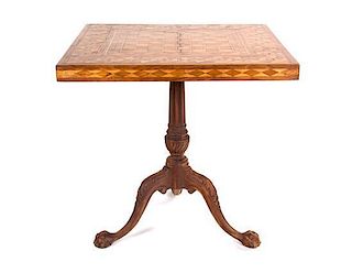 A Georgian Style Parquetry Games Table Height 28 x width 28 x depth 28 inches.
