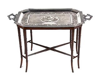 A Decorative Silverplate Tray on Bamboo Stand, Height 21 x width 34 x depth 20 inches.