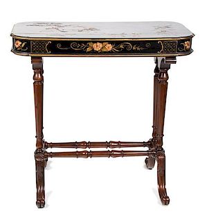 A Regency Style Chinoiserie Lacquered Side Table Height 25 1/2 x width 26 1/4 x depth 14 1/2 inches.