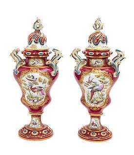 A Pair of Chelsea Porcelain Covered Urns Height 16 1/2 inches.