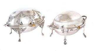 Two English Silver Plate Chaffing Dishes Height of larger 7 1/2, width 12 3/4 x depth 8 inches.