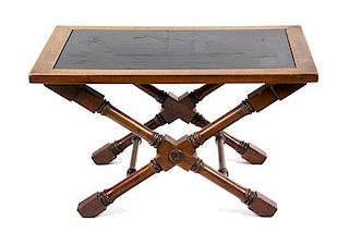 An American Etched Black Stone Top Mahogany Occasional Table Height 16 x width 28 x depth 20 inches.