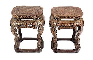 A Pair of Chinese Export Lacquer Tabourets Height 17 3/4 x width 14 1/2 x depth 14 1/2 inches.