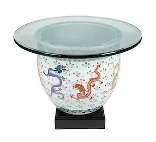 A Pair of Chinese Export Porcelain Jardinière Jardinière height 23 1/2 x diameter 20 1/2 inches, glass top diameter 29 3/4 inche