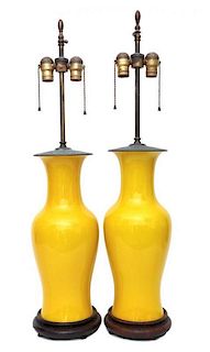 A Pair of Chinese Export Yellow Glaze Baluster Vases Height overall 33 1/2 inches.