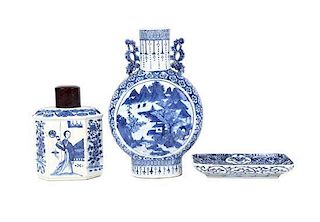 Three Pieces of Chinese Export Blue and White Porcelain Height of tallest 12 1/4 inches.