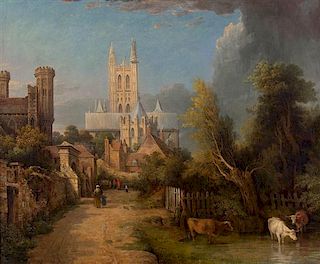 Attributed to George Vincent, (British, 1796-1831), Street Scene with Canterbury Cathedral in Background