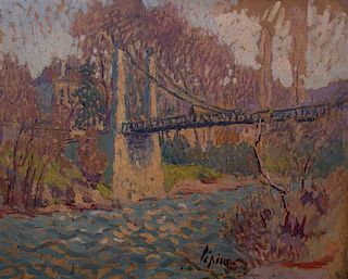 Joseph Louis Lepine, (French, 1867-1943), Suspension Bridge Over River