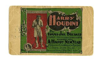 Houdini, Harry. Houdini The Famous Jail Breaker Happy New Year Postcard. [New York], 1907. Color lit