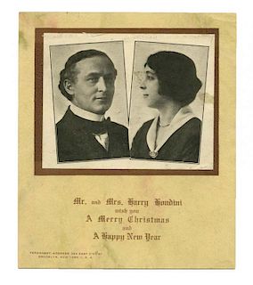 Houdini, Harry. Photographic Houdini Christmas card. Circa 1915. Stiff card with offset photographs