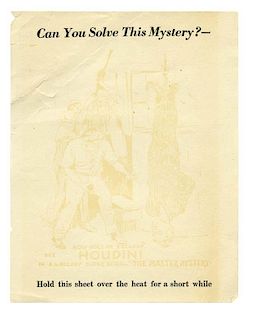 Houdini, Harry. The Master Mystery Hold-to-Light Mystery Sheet. New York: B.A. Rolfe, [1919]. Promot