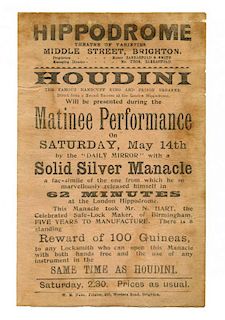 Houdini, Harry. Hippodrome Theatre of Varieties/ Solid Silver Manacle Release. Brighton: W.E. Nash,