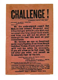 Houdini, Harry. Houdini Packing Case Escape Challenge. Liverpool: Olympia Theatre, 1913. Letterpress