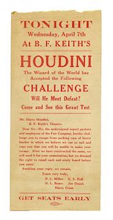 Houdini, Harry. Houdini Challenge at B.F. KeithНs. Will He Meet Defeat? Cincinnati: Union Label, ca.