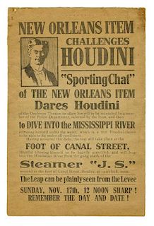Houdini, Harry. New Orleans Item Challenges Houdini/ Manacled Dive Into The Mississippi River. Circa