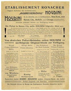 Houdini, Harry. Houdini Advertising Flyer for Appearance in Vienna. Austria: Druck Von A. Reisser, 1