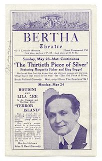 Houdini, Harry. сTerror Islandо Theater Handbill. Chicago: Taylor Co., 1920. Folding pictorial Berth