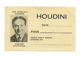 Houdini, Harry. Houdini Show Free Pass. Circa 1922. Unused free pass bears a well-known portrait of