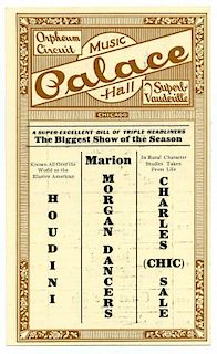 Houdini, Harry. Houdini Vaudeville Show Handbill. Chicago: Palace Music Hall, ca. 1920. Letterpress