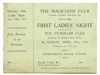 Houdini, Harry. The MagiciansН Club 1913 First LadiesН Night Ticket. London, April 27, 1913. Unissue