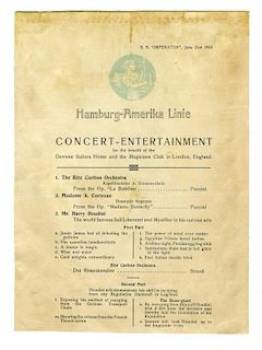 Houdini, Harry. Hamburg America Line Concert-Entertainment Program Featuring Houdini. June, 1914. Pr