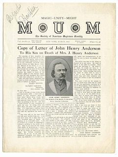 Houdini, Harry. 1921 Issue of M.U.M. Signed by Houdini. New York, March 1921 (V10 N9). Inscribed and