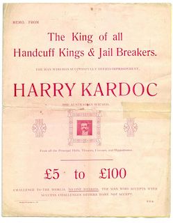 [Escapologist] Harry Kardoc King of All Handcuff Kings Memoranda Note. Australia, Bexhill Ptg., ca.