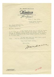 Hardeen (Theodore Weiss). Typed Letter Signed, сHardeen,о to James Wobensmith. June 11, 1928. One pa