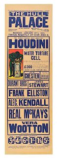 Houdini, Harry. Houdini. Water Torture Cell. [Hull], 1913. Letterpress broadside for performances at