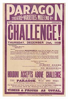 Houdini, Harry. Challenge! [London]: Oldfield & Co., 1908. Letterpress poster advertises HoudiniНs e
