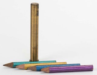 Demon Pencil Trick. London: Davenports, ca. 1940. Four colored pencils and a brass tube are passed f
