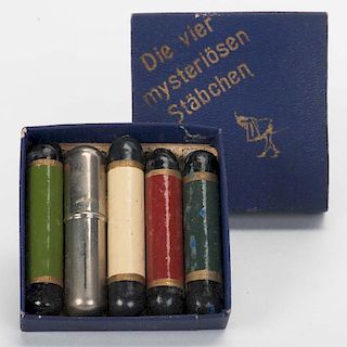 Four Mysterious Rods. German, ca. 1910. Set of four painted bullet-like rods accompanied by an alumi