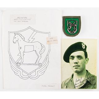 Roger M. Pezzelle Signed Photograph and 10th Special Forces Group Badge and Prototype Drawing