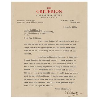 T. S. Eliot Typed Letter Signed