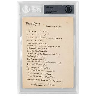 Thomas Edison Signed and Handwritten Poem: &#39;Miss Quay&#39;