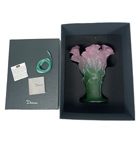 Daum Pate de Verre Glass Pink & Green Roses Vase