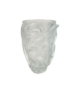 Lalique French Frosted Crystal Raised Doves Vase