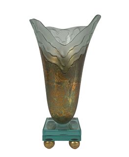 Signed Vintage Gilt Art Glass Footed Vase