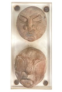 2 Ancient Olmec Pre-Colombian Clay Face Sculptures