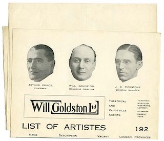 Goldston, Will. Seven Different Pieces of Goldston Letterhead and Notepaper. London, 1910s _ 30s. In