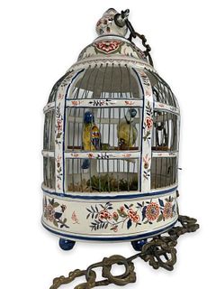 Vintage French Faience Porcelain Bird Cage w/Chain