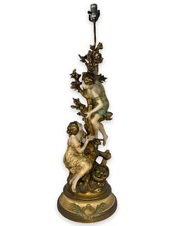 After L.F Moreau French Metal Group Sculpture Lamp