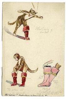 Thompson, Clifford. Three Puss in Boots Watercolor Illustrations. London, ca. 1920s. Watercolor illu